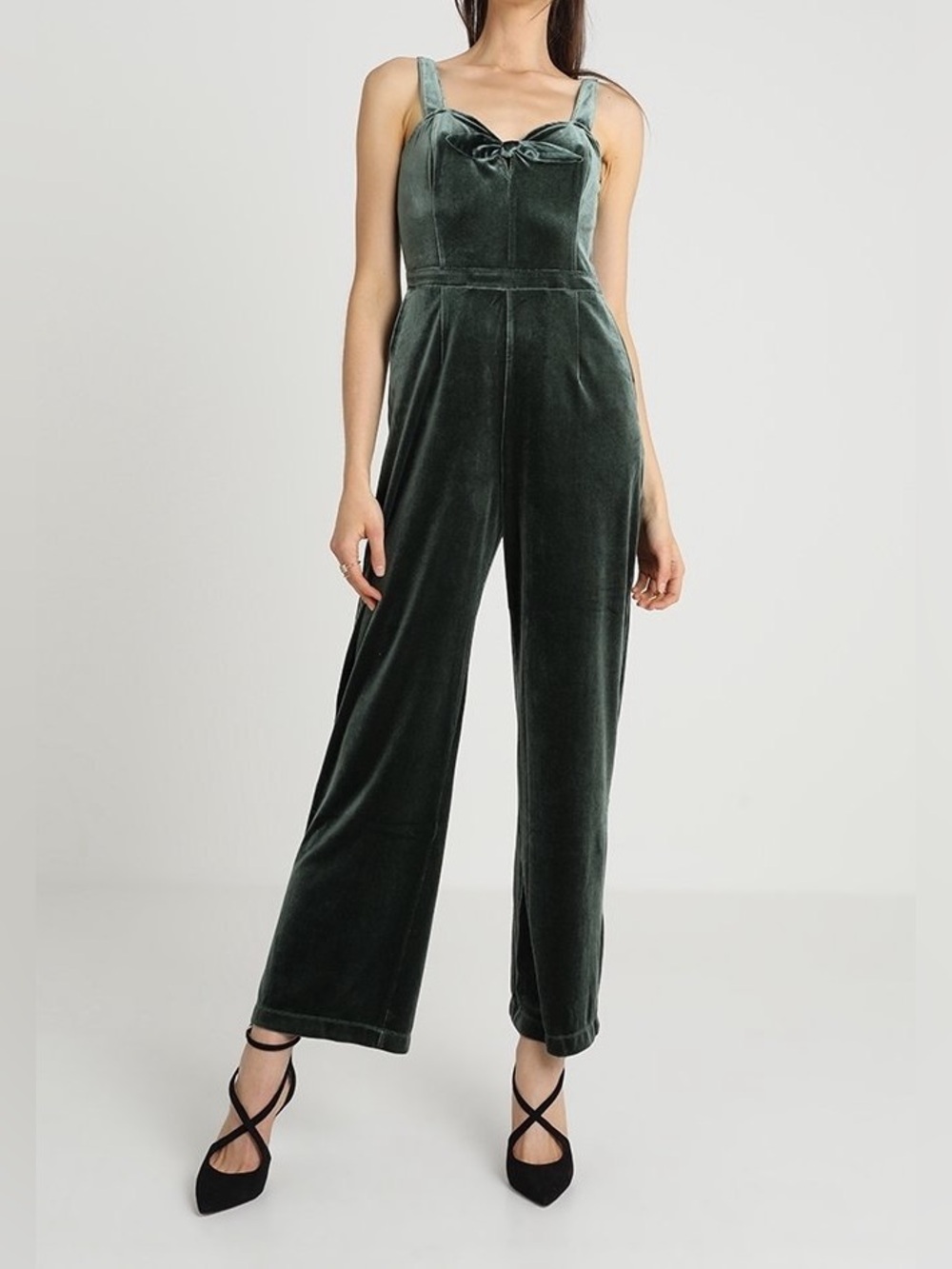 Abercrombie Dark Green Velvet Jumpsuit Bow Detail